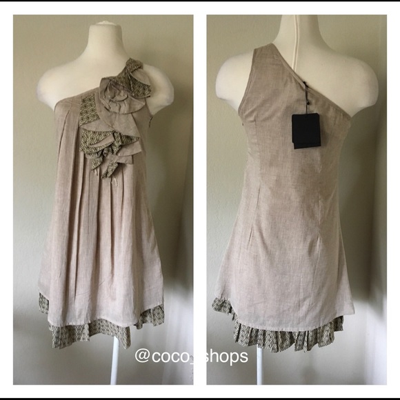 Final Sale Ryu New Ruffle One Shoulder Tan Dress - Picture 3 of 4